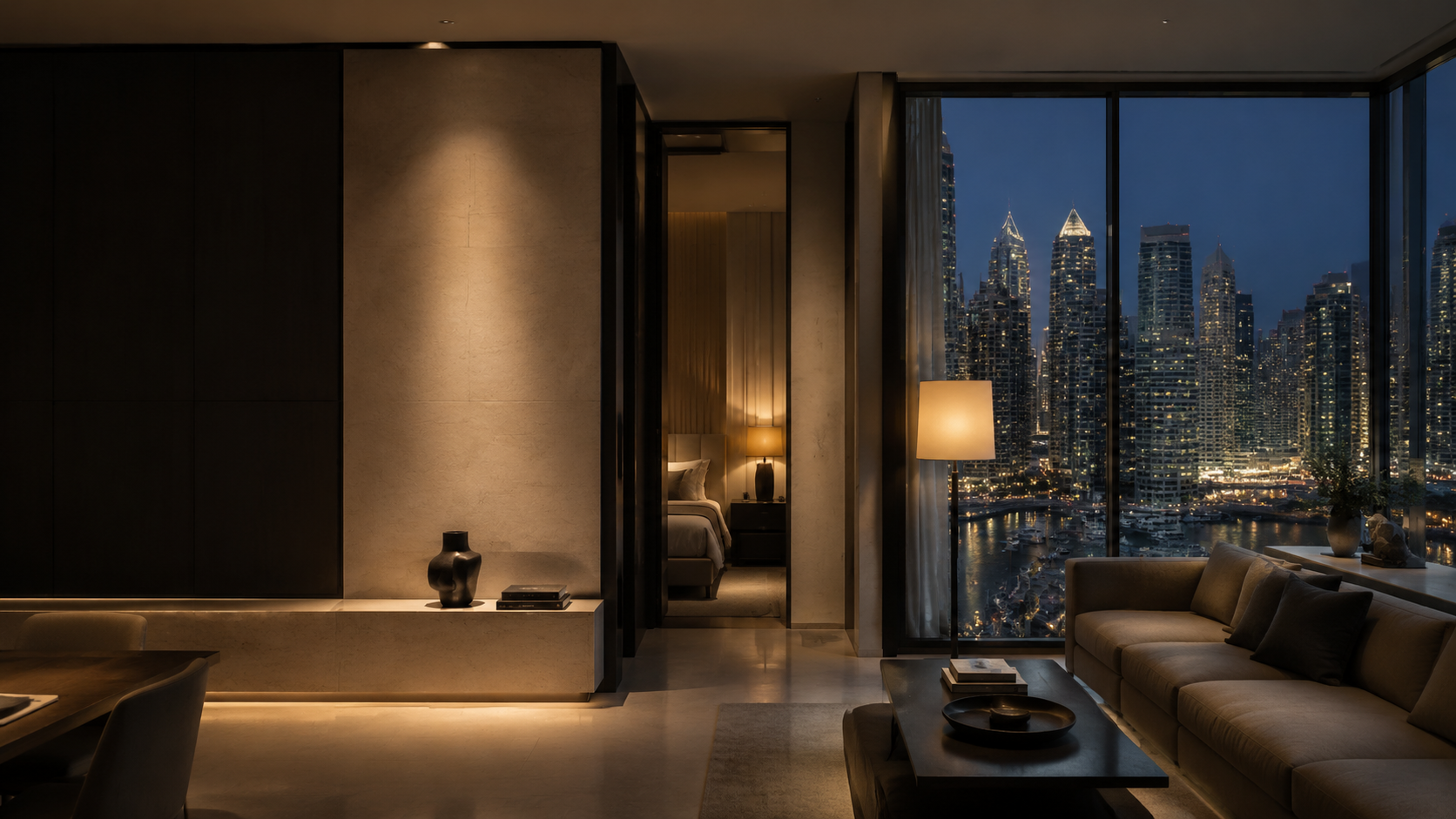 Contemporary serviced residence overlooking Dubai Marina at dusk